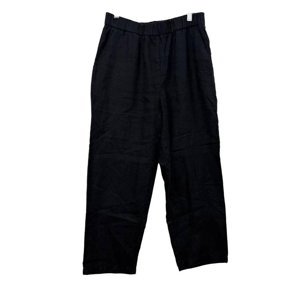 Quince Pants Womens Small Black European Linen Elastic Waist Tapered Leg